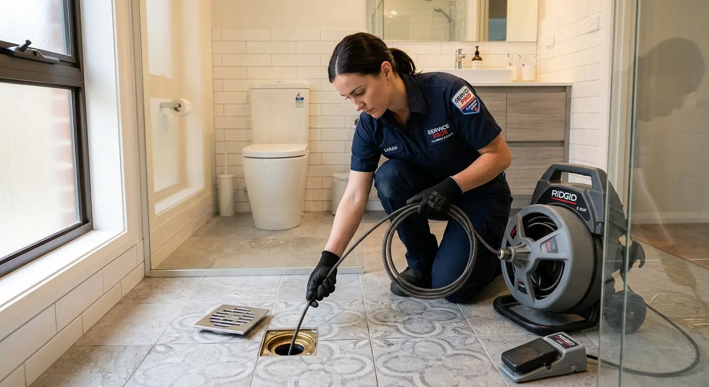 Technician clearing a bathroom floor drain for Drain Cleaning in White Oak